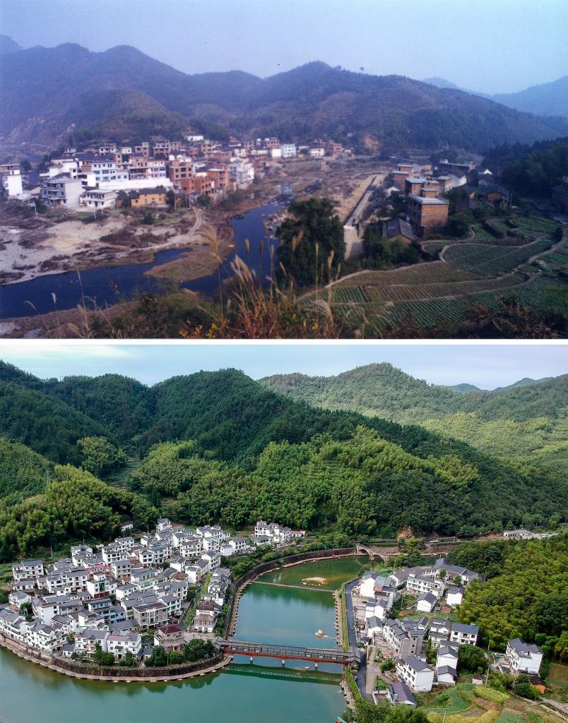 圖為浙江省杭州市淳安縣楓樹(shù)嶺鎮(zhèn)下姜村拼版圖，其中上圖為資料照片、下圖由新華社記者張鋮攝。